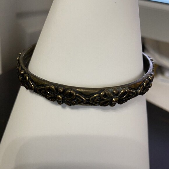 Brass Bangle Bracelet 2 1/8" Ornate Floral Design - Picture 2 of 4